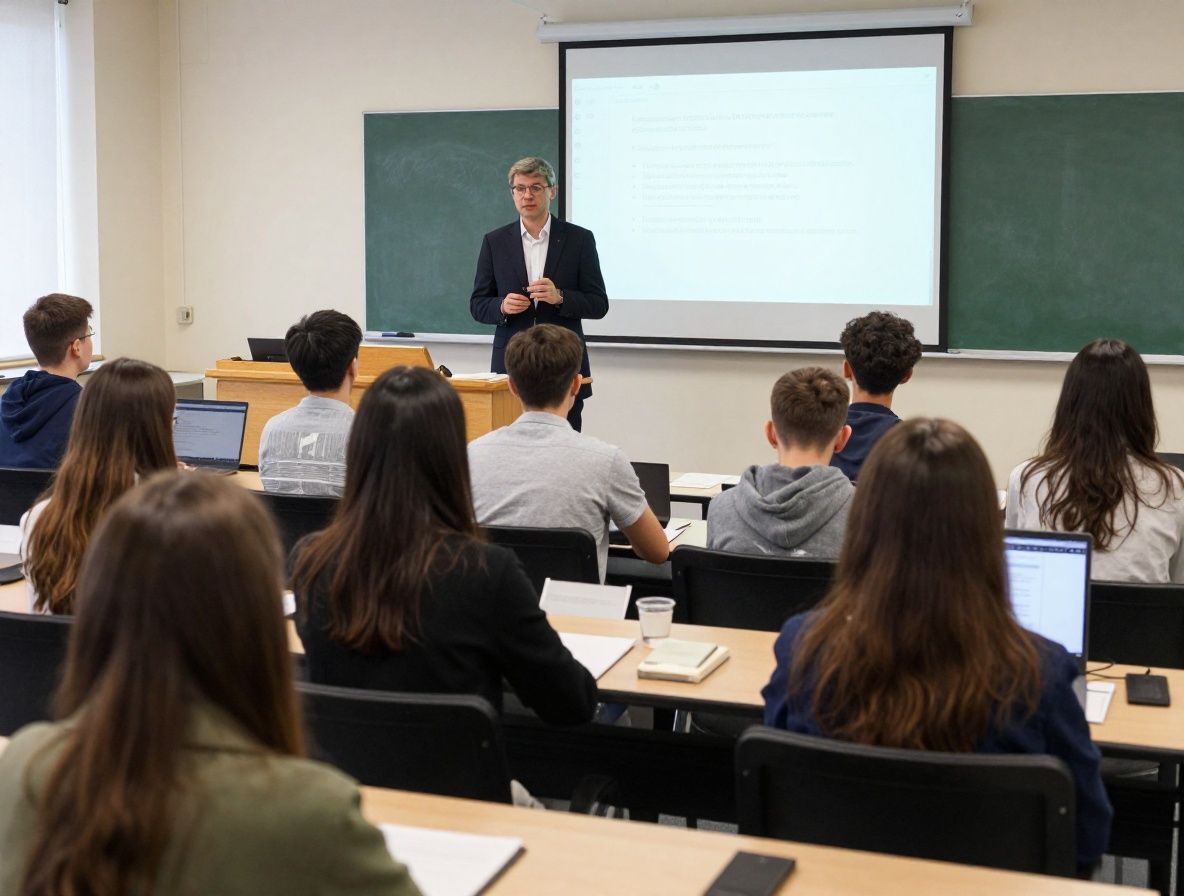 Аудитория журналистской школы — студенты слушают лектора, рядом ноутбуки с открытыми редакционными программами, светлое учебное пространство