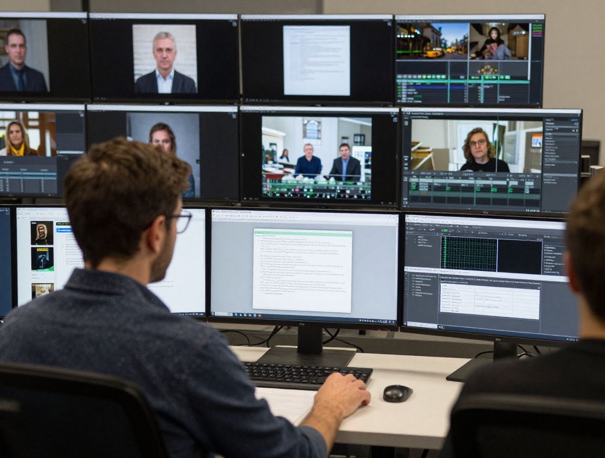 Молодой журналист редактирует видеоматериал на профессиональном монтажном компьютере в современной мультимедийной студии