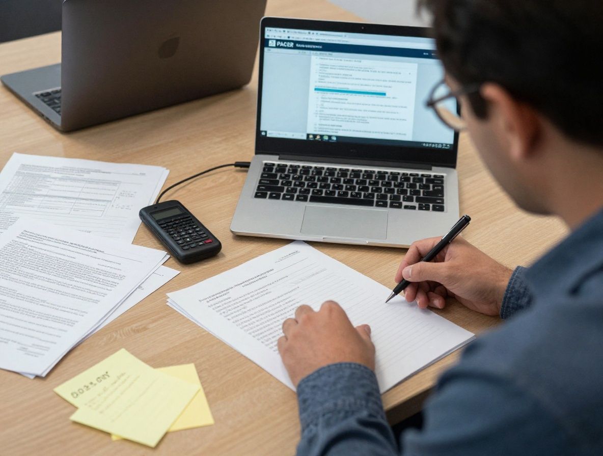 Журналист-расследователь изучает документы в архиве государственного учреждения, стопки бумаг и раскрытые папки на рабочем столе