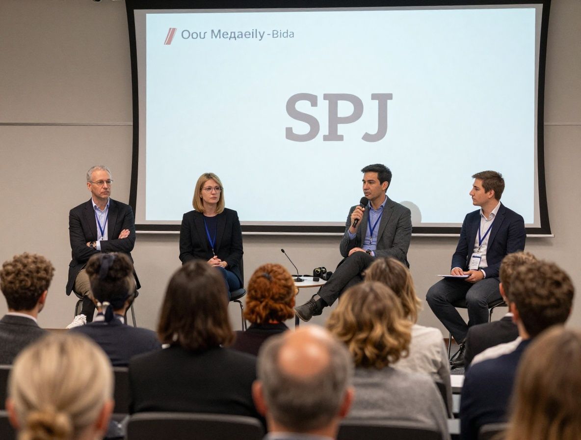 Панельная дискуссия по медиаэтике в университетской аудитории: четыре эксперта у микрофонов, аудитория журналистов и студентов, экран с логотипом SPJ