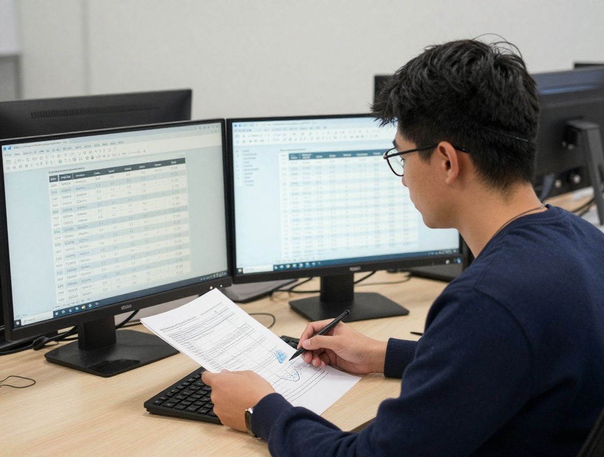 Студент журналистики работает с диаграммами и таблицами данных на двух мониторах — анализ правительственной базы данных для статьи