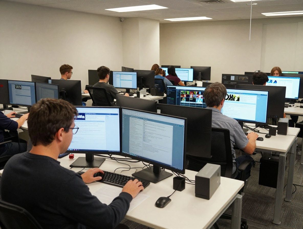 Современный редакционный зал американского издания — журналисты работают за компьютерами, большие мониторы с новостными лентами, открытое офисное пространство