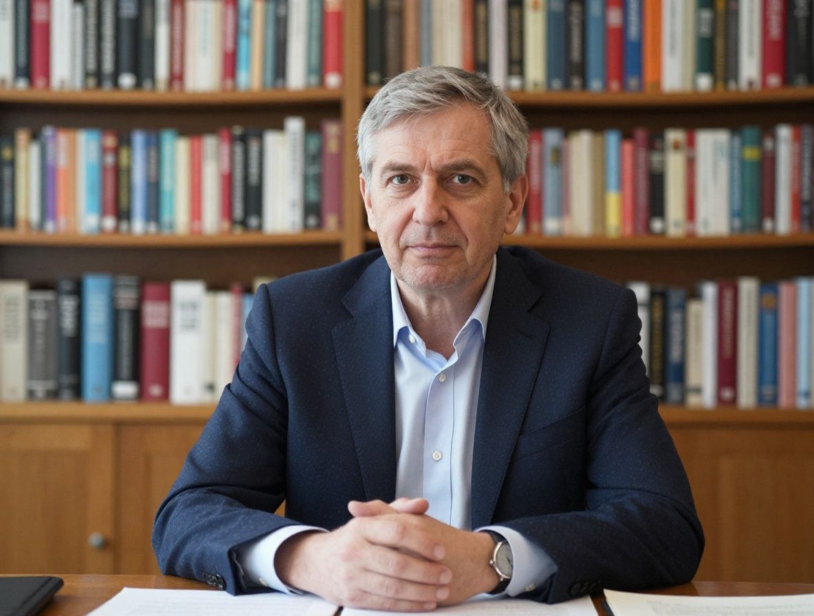 Профессиональный портрет опытного преподавателя журналистики — мужчина 50 лет в деловом пиджаке на фоне книжных полок