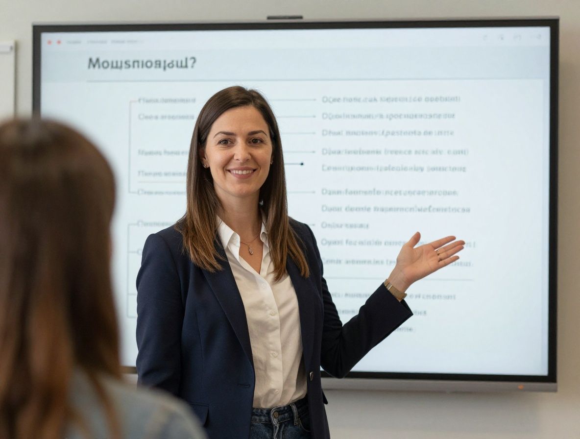 Портрет женщины-преподавателя в современной аудитории — улыбается, стоит перед интерактивной доской с текстовыми схемами