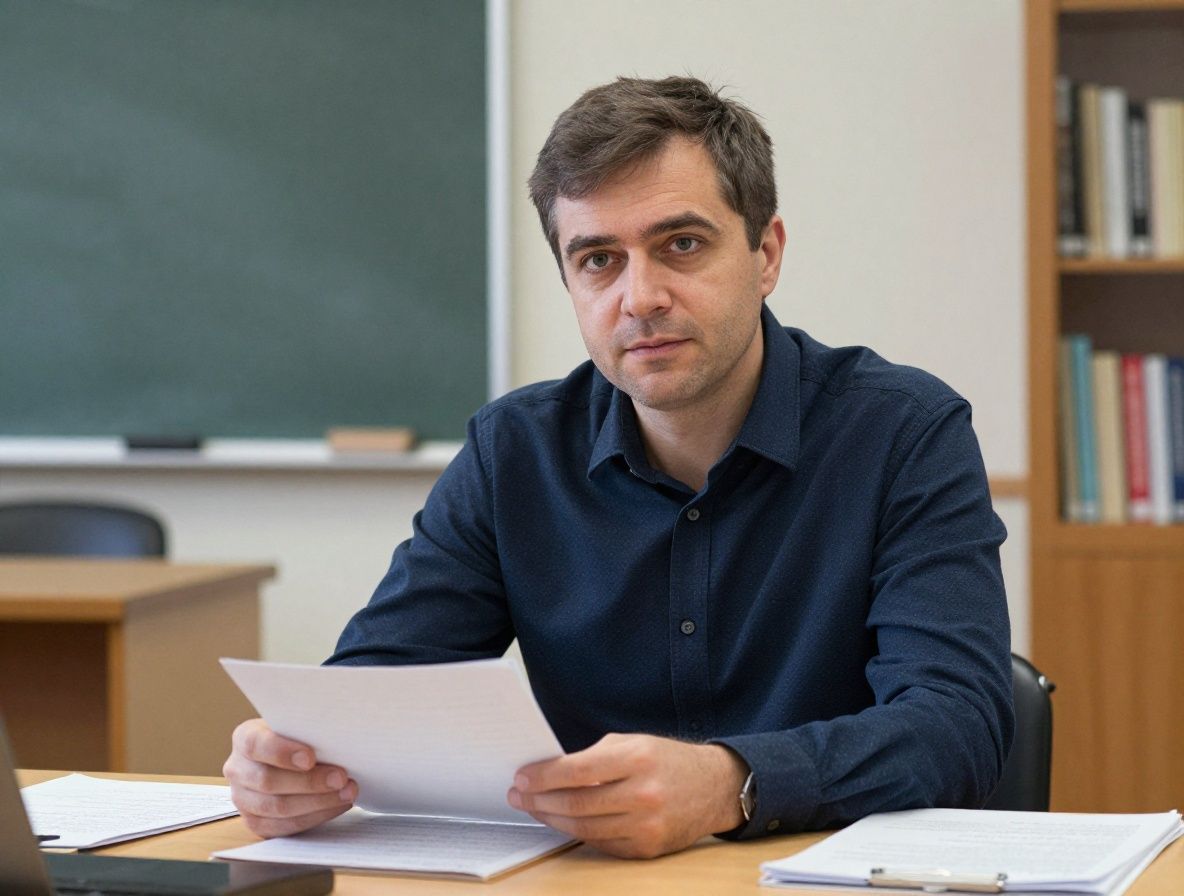 Портрет преподавателя журналистики — мужчина средних лет сидит за рабочим столом с открытым ноутбуком и рукописными заметками