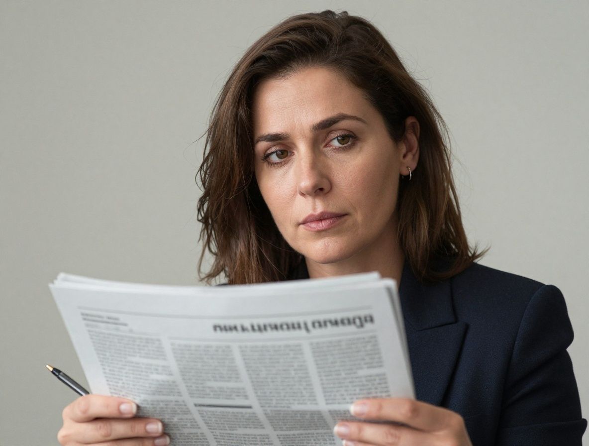 Портрет женщины-редактора в редакционном зале — держит перо над распечаткой статьи, задумчивый профессиональный взгляд