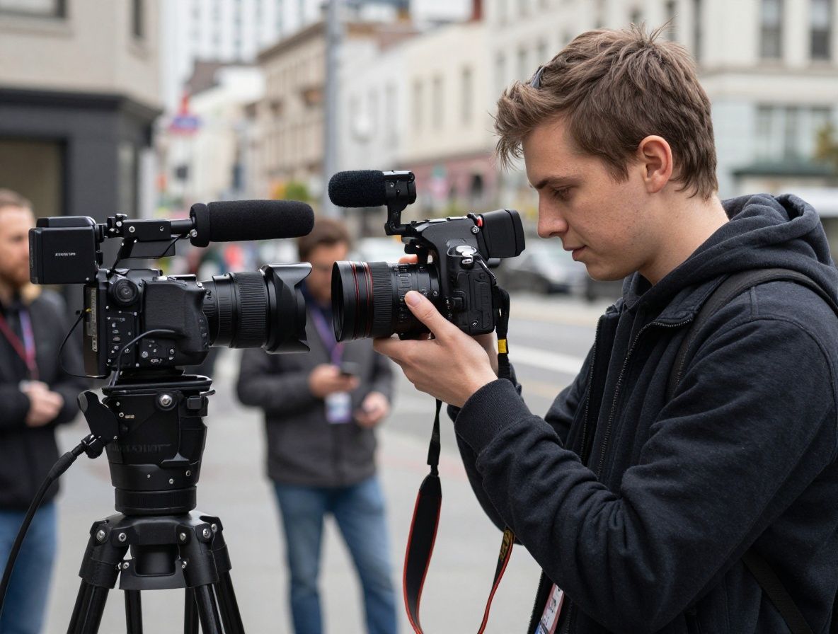 Студент мультимедийного курса снимает репортаж на профессиональную камеру на городской улице Сан-Франциско, штатив, микрофон-пушка